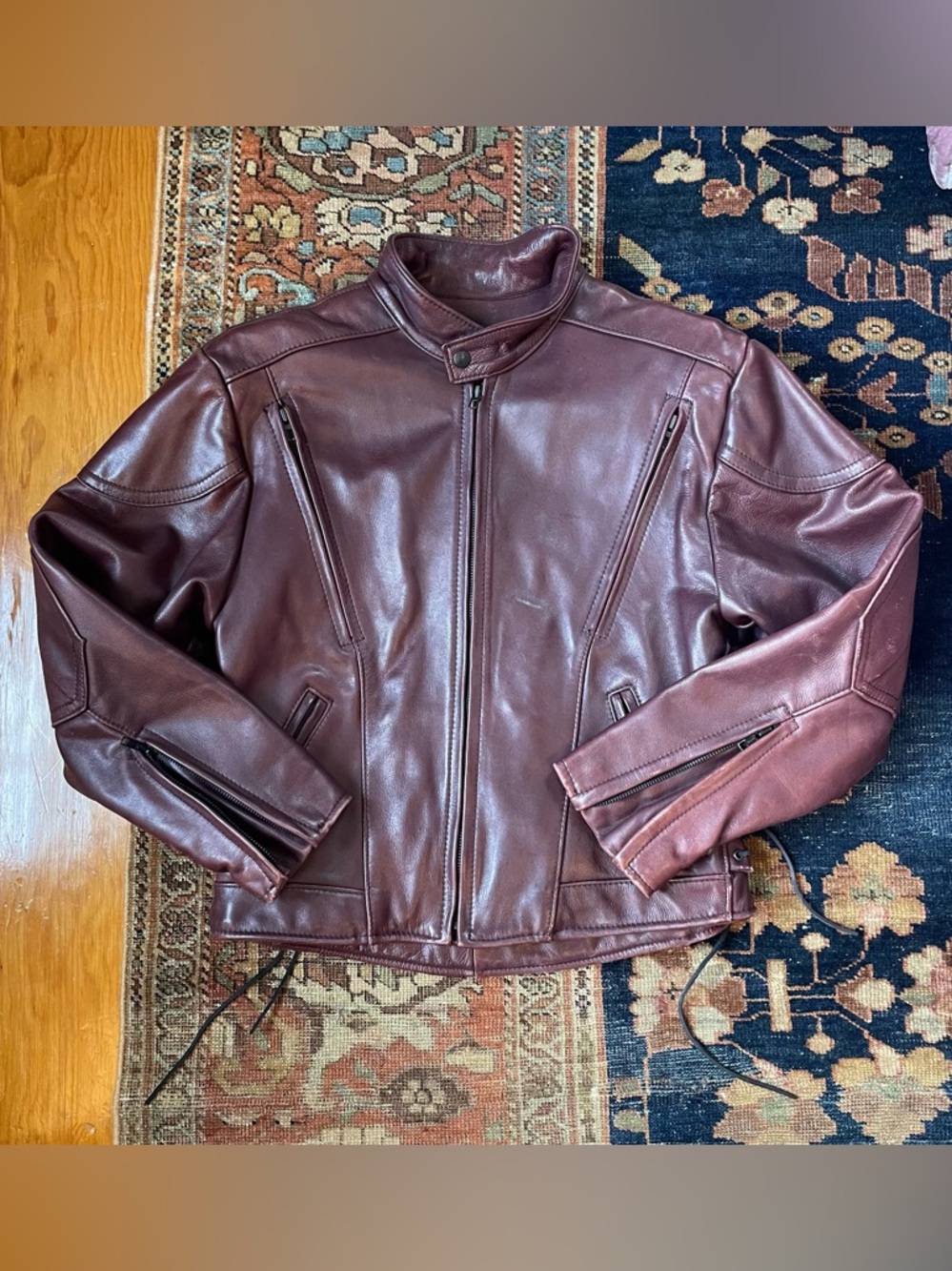 Vintage Leather Maroon Purple Biker Bomber Jacket Lace Up